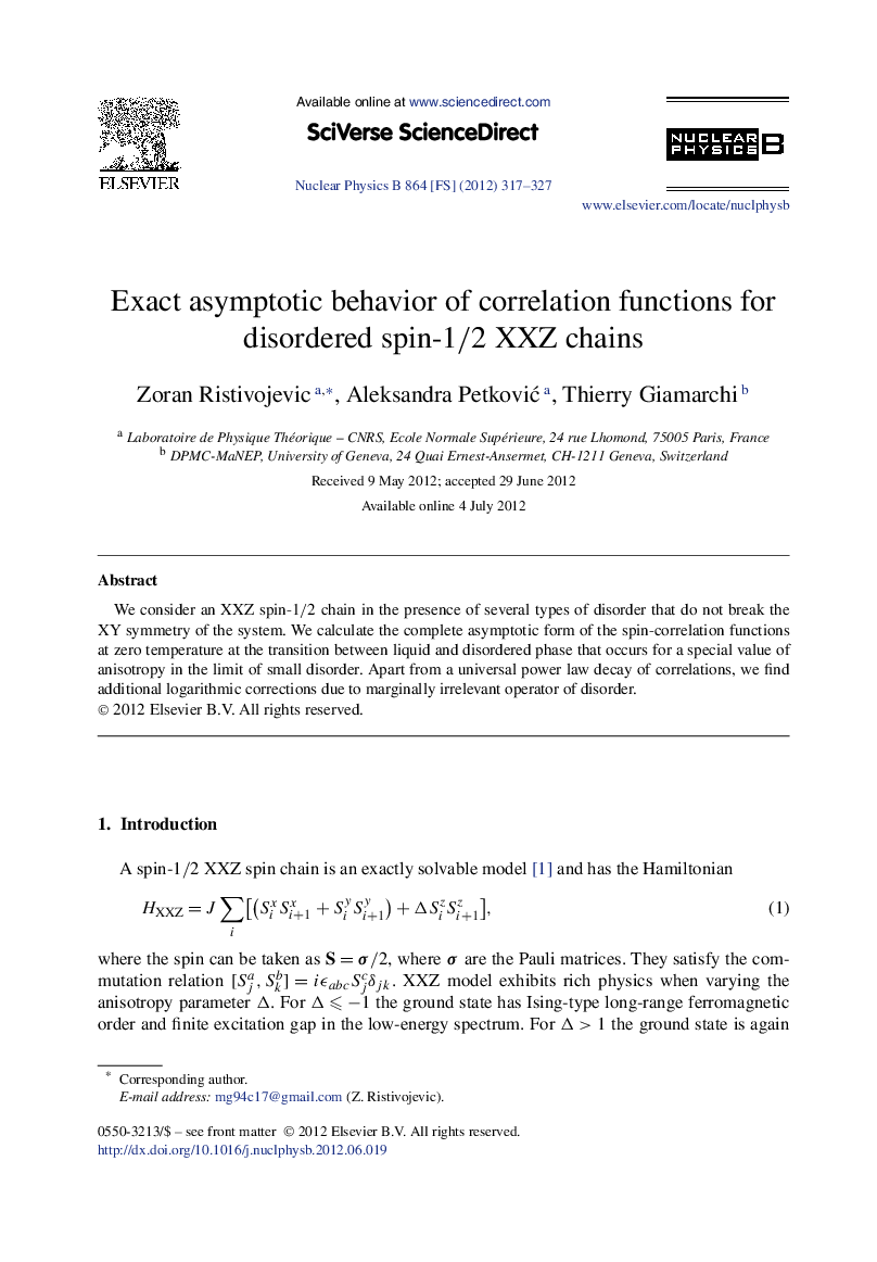 عکس صفحه اول مقاله: Exact asymptotic behavior of correlation functions for disordered spin-1/2 XXZ chains Exact asymptotic behavior of correlation functions for disordered spin-1/2 XXZ chains