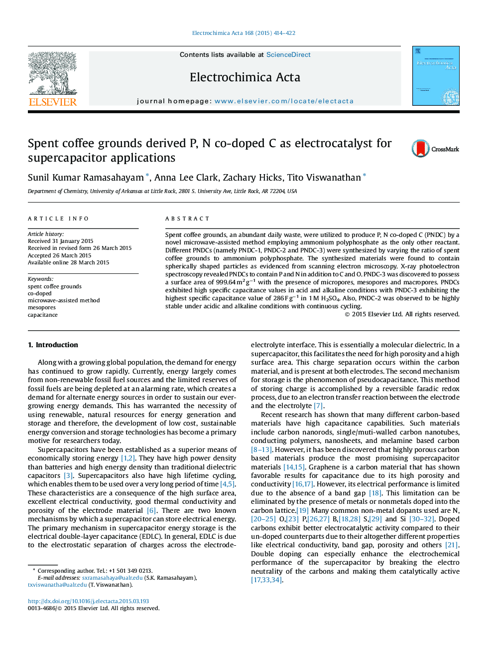 Spent coffee grounds derived P, N co-doped C as electrocatalyst for supercapacitor applications