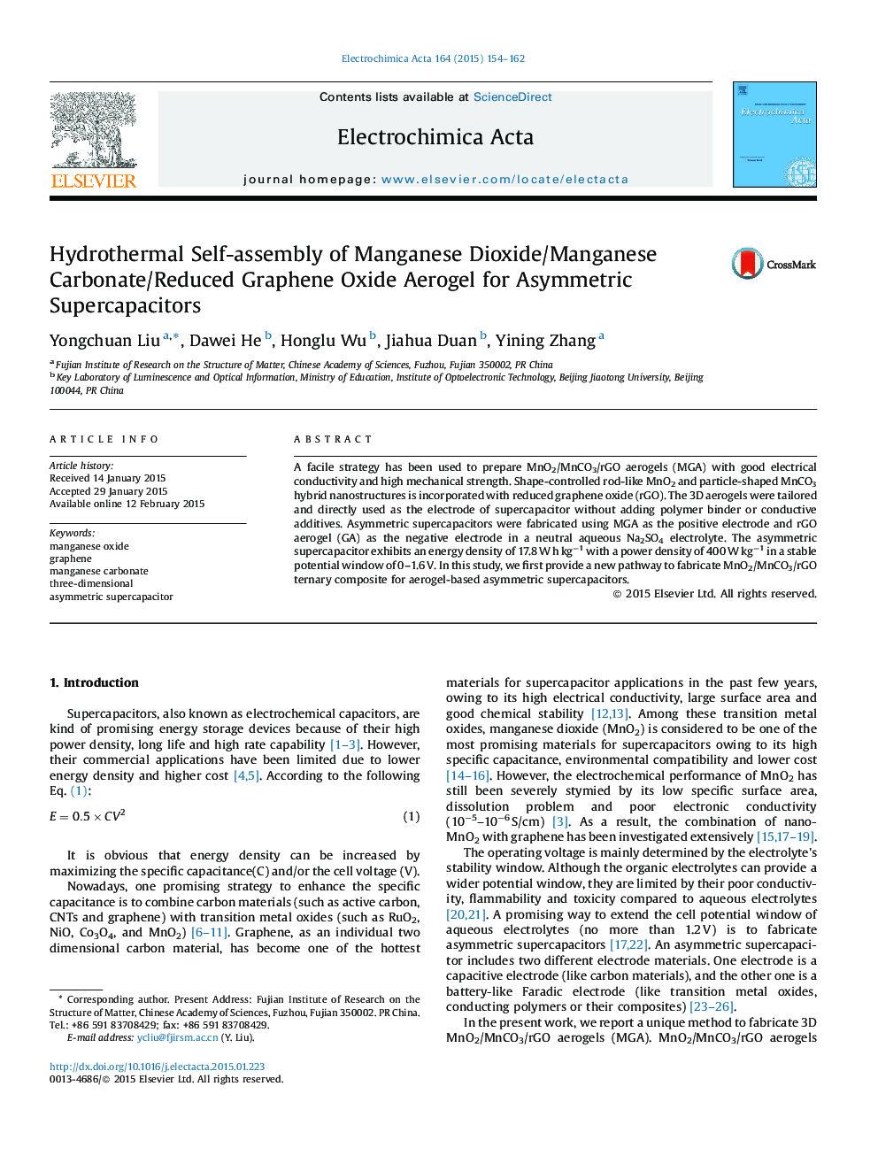 Hydrothermal Self-assembly of Manganese Dioxide/Manganese Carbonate/Reduced Graphene Oxide Aerogel for Asymmetric Supercapacitors