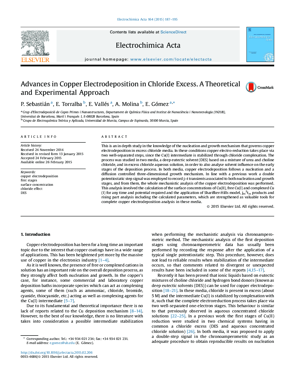 Advances in Copper Electrodeposition in Chloride Excess. A Theoretical and Experimental Approach