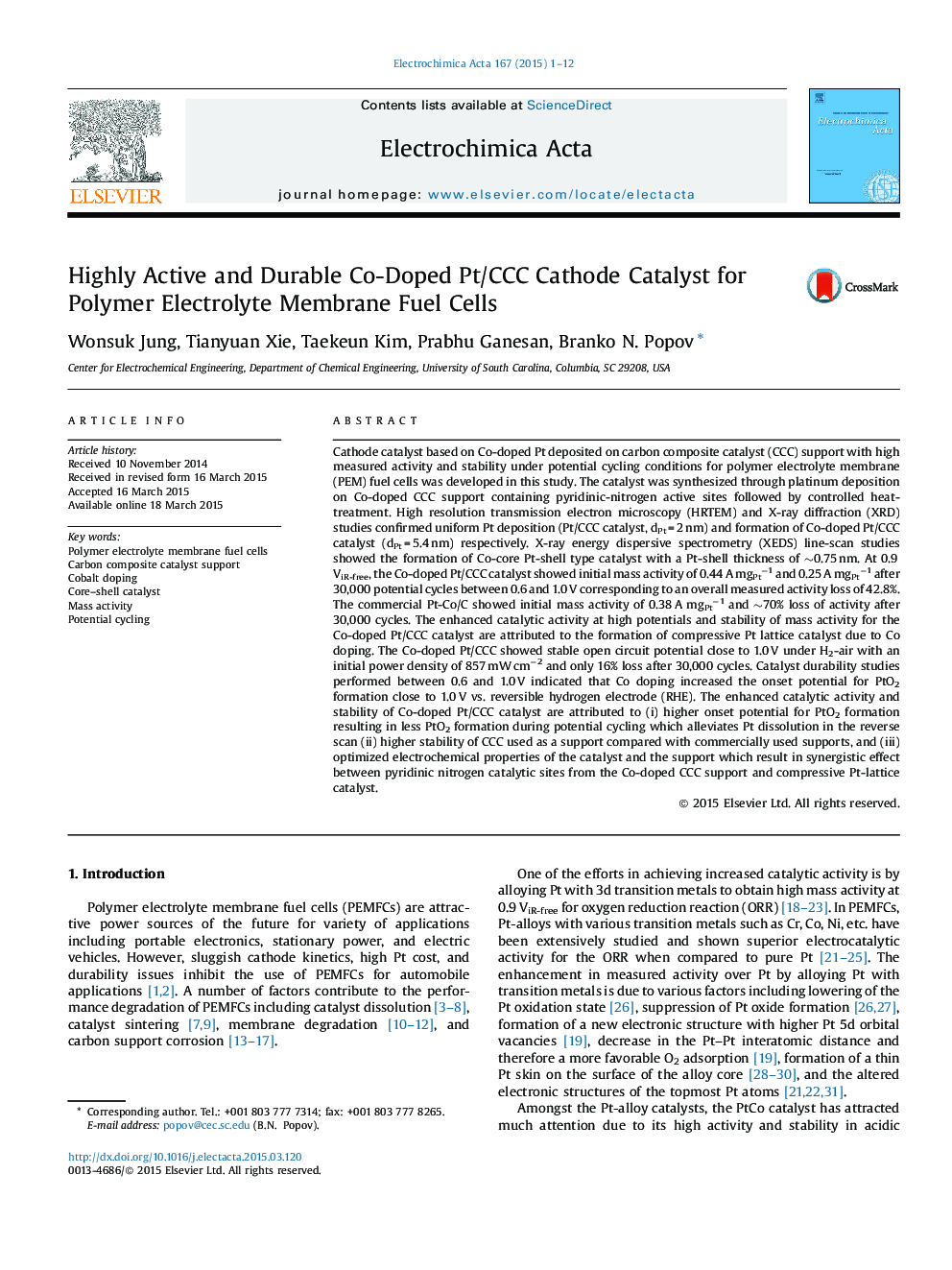 Highly Active and Durable Co-Doped Pt/CCC Cathode Catalyst for Polymer Electrolyte Membrane Fuel Cells