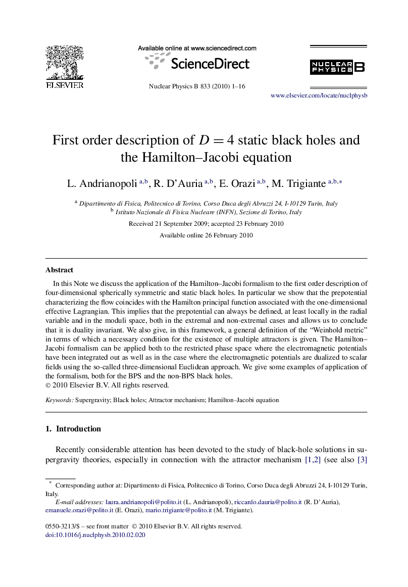 First order description of D=4 static black holes and the Hamilton-Jacobi equation