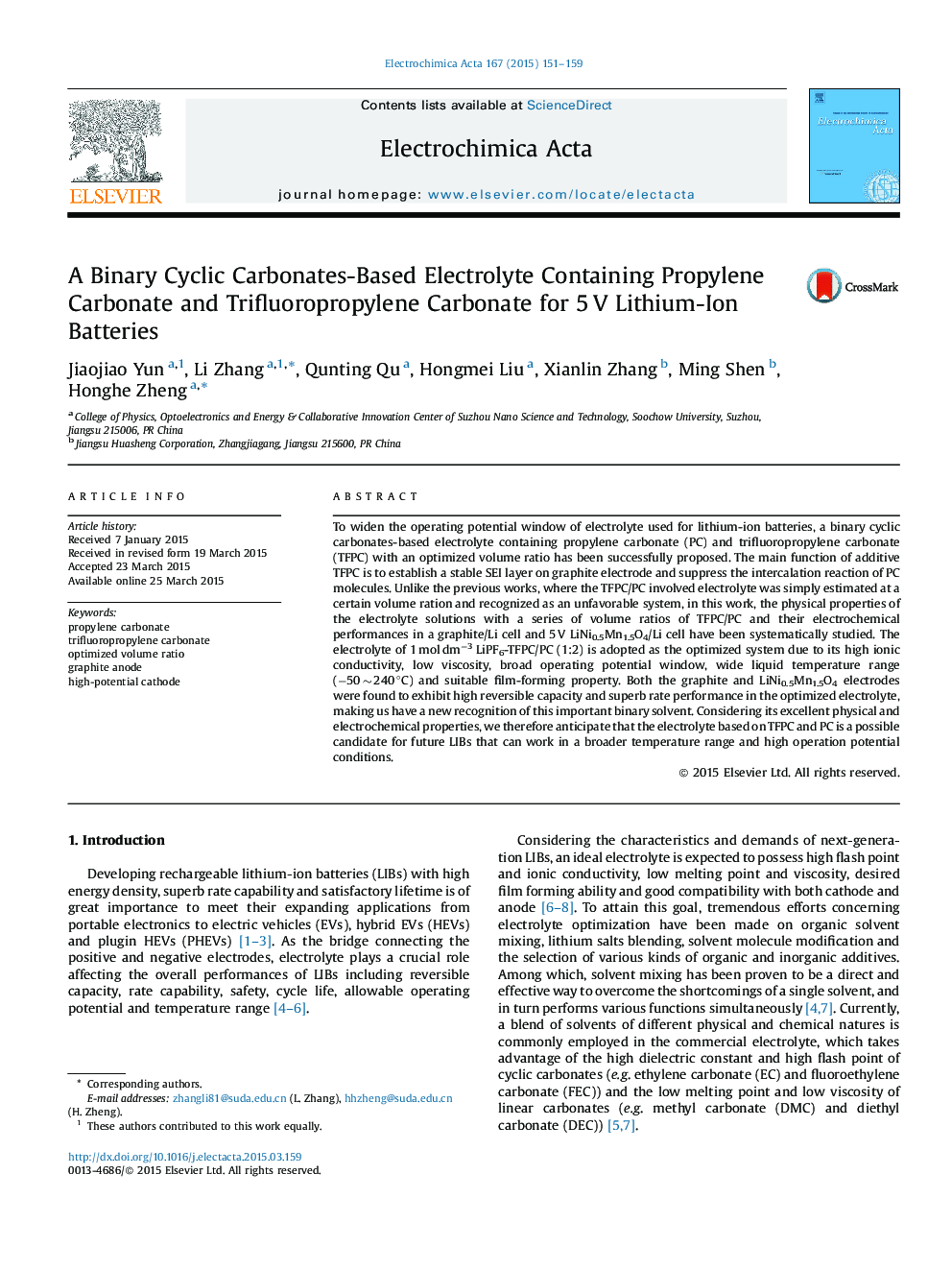 A Binary Cyclic Carbonates-Based Electrolyte Containing Propylene Carbonate and Trifluoropropylene Carbonate for 5 V Lithium-Ion Batteries