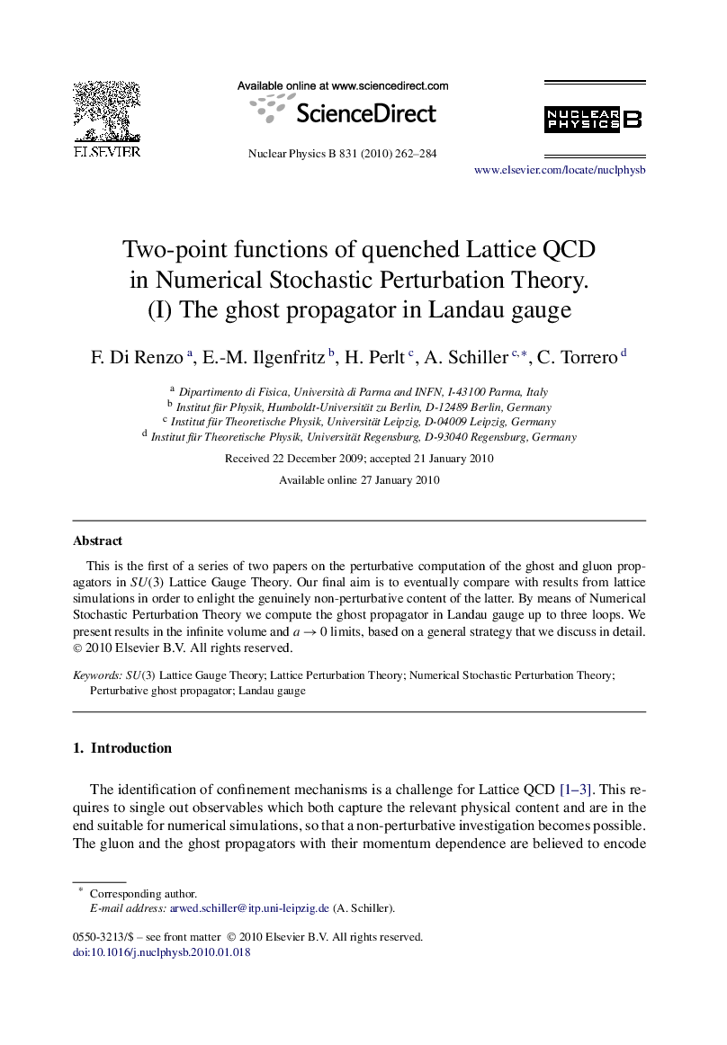 Two-point functions of quenched Lattice QCD in Numerical Stochastic Perturbation Theory. (I) The ghost propagator in Landau gauge