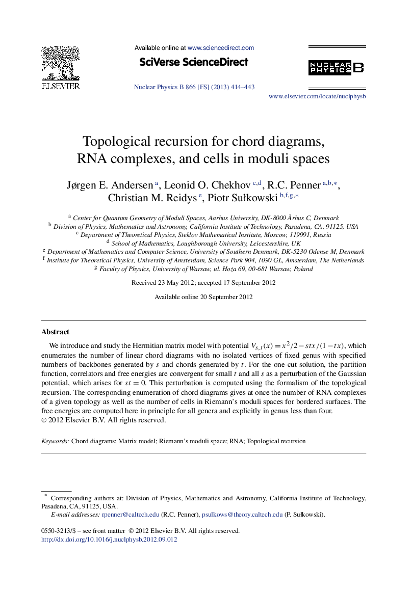 Topological recursion for chord diagrams, RNA complexes, and cells in moduli spaces