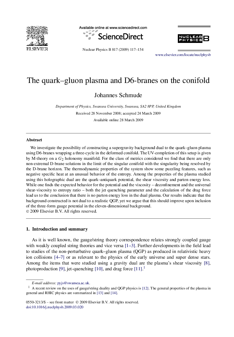 The quark-gluon plasma and D6-branes on the conifold
