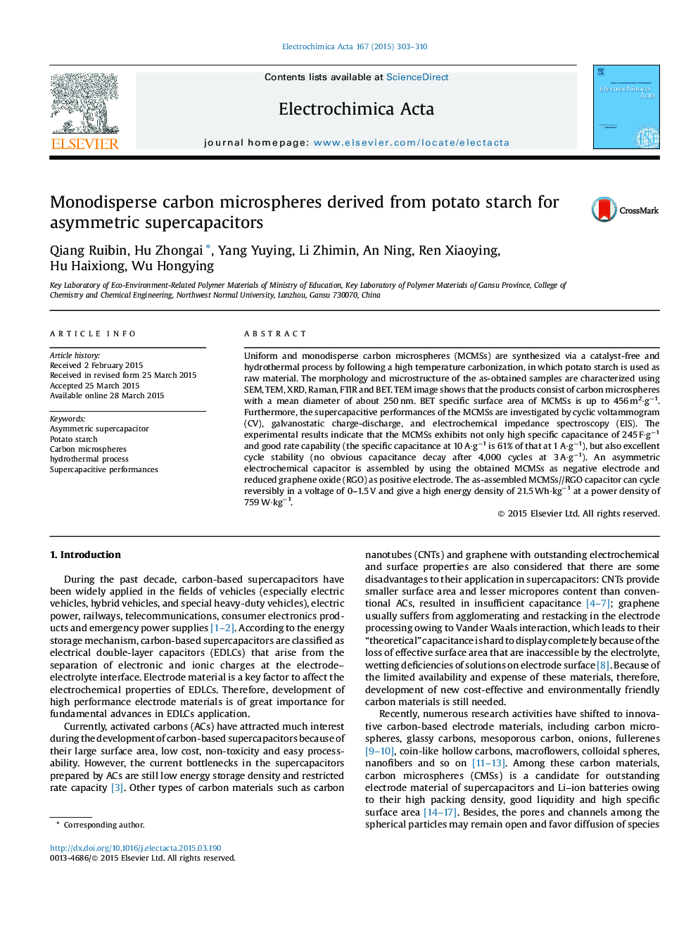 Monodisperse carbon microspheres derived from potato starch for asymmetric supercapacitors