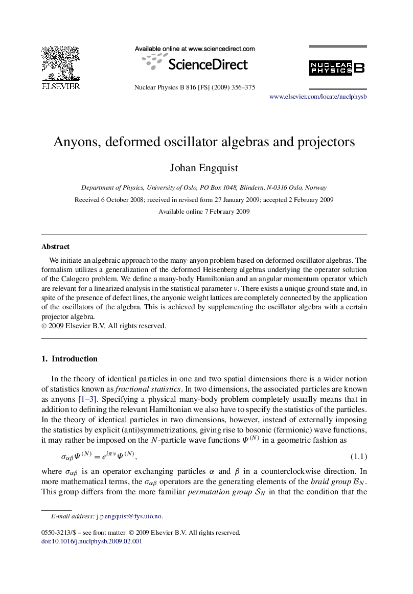 Anyons, deformed oscillator algebras and projectors