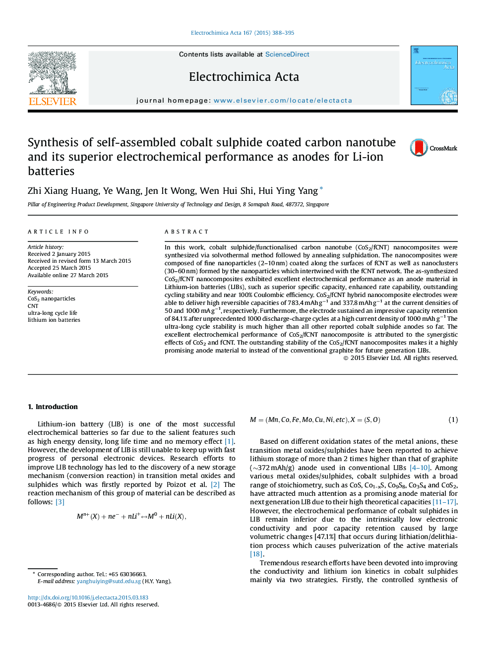 Synthesis of self-assembled cobalt sulphide coated carbon nanotube and its superior electrochemical performance as anodes for Li-ion batteries