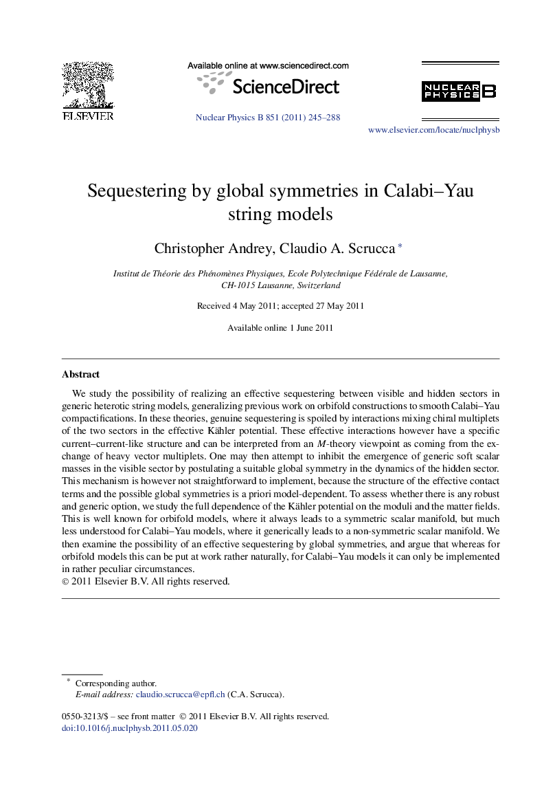 Sequestering by global symmetries in Calabi-Yau string models