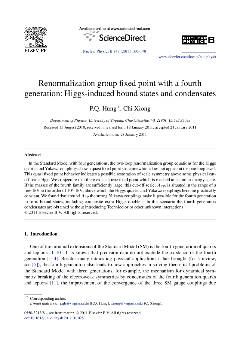 Renormalization group fixed point with a fourth generation: Higgs-induced bound states and condensates