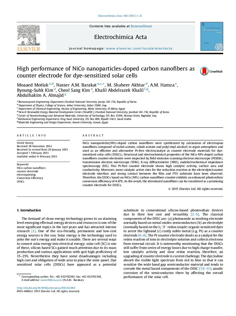 High performance of NiCo nanoparticles-doped carbon nanofibers as counter electrode for dye-sensitized solar cells