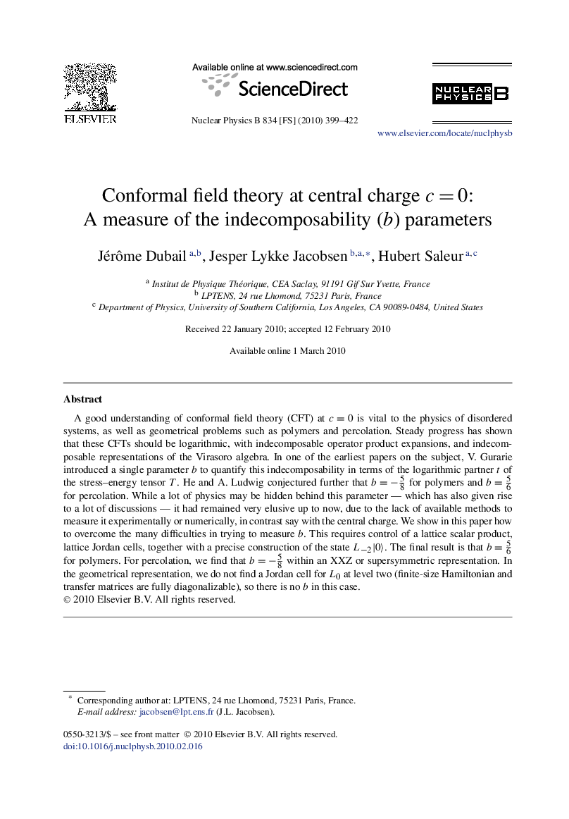 Conformal field theory at central charge c=0c=0: A measure of the indecomposability (b) parameters