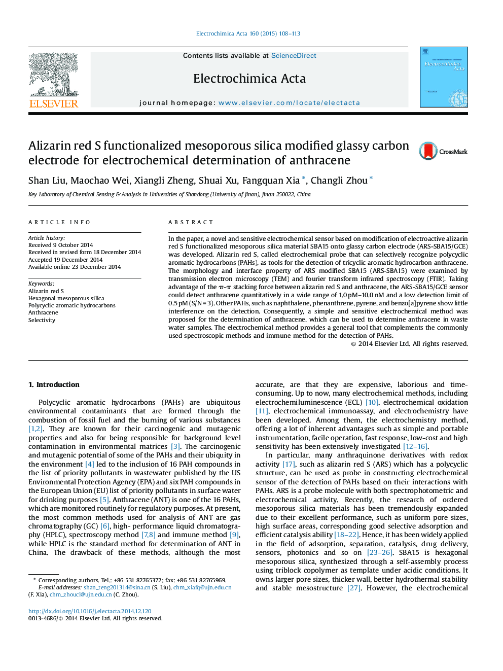 Alizarin red S functionalized mesoporous silica modified glassy carbon electrode for electrochemical determination of anthracene