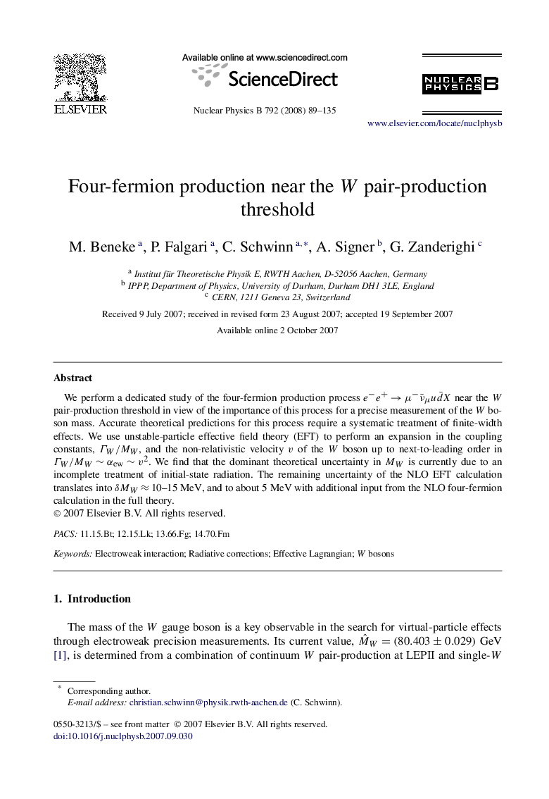 Four-fermion production near the W pair-production threshold