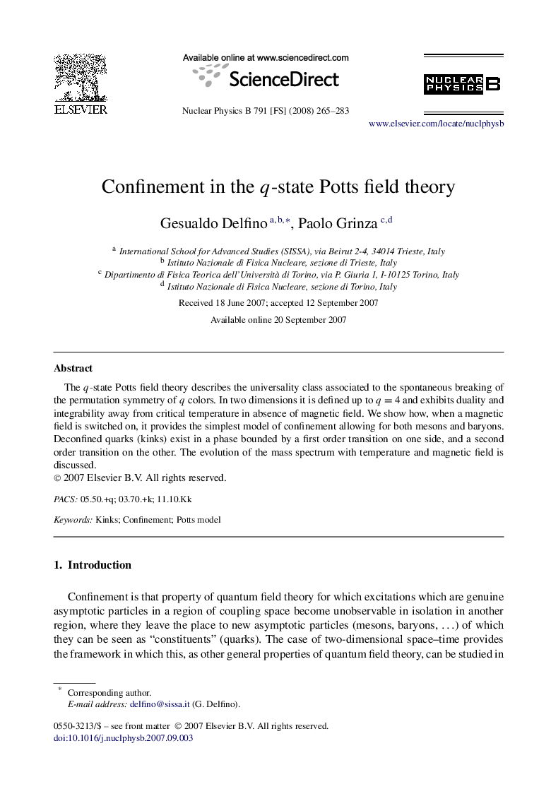 Confinement in the q-state Potts field theory