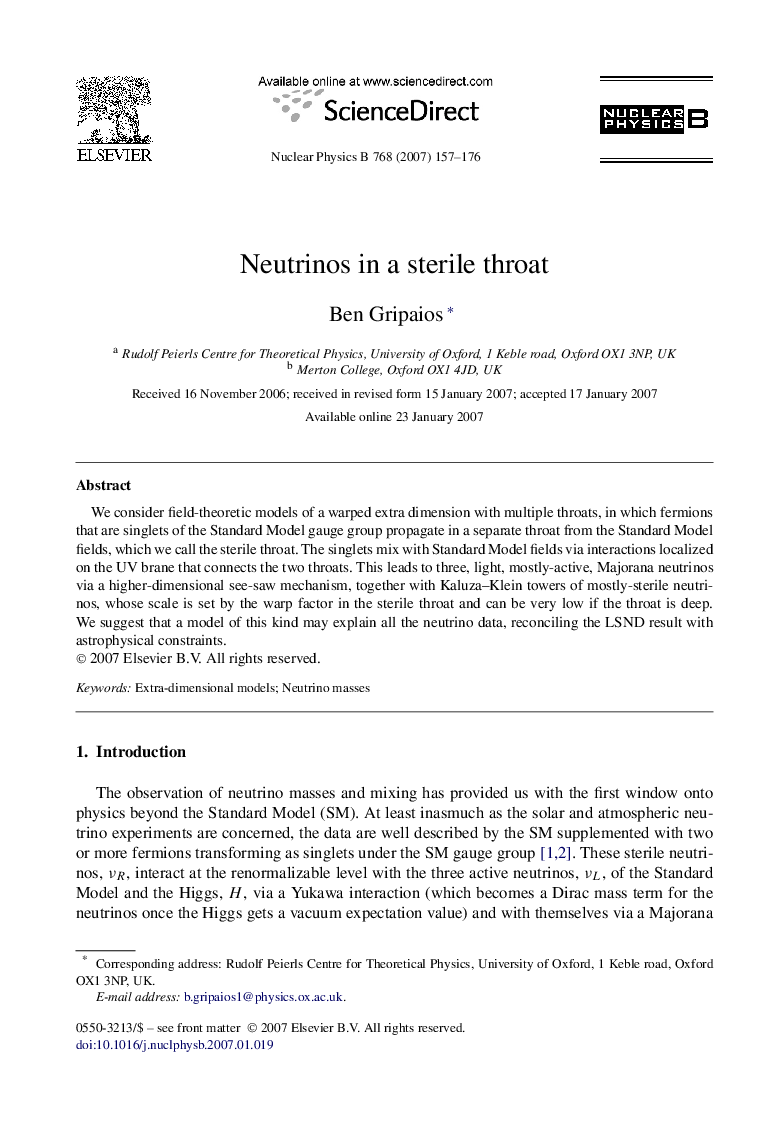 Neutrinos in a sterile throat