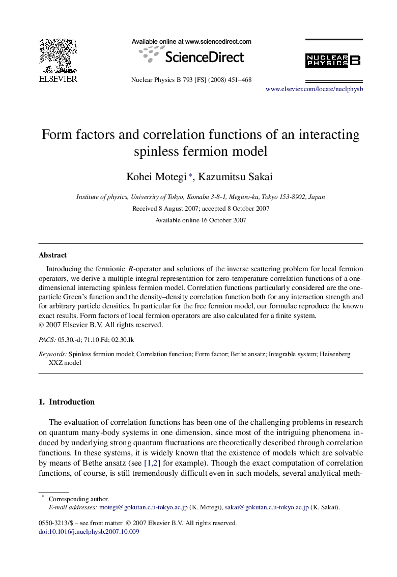 Form factors and correlation functions of an interacting spinless fermion model