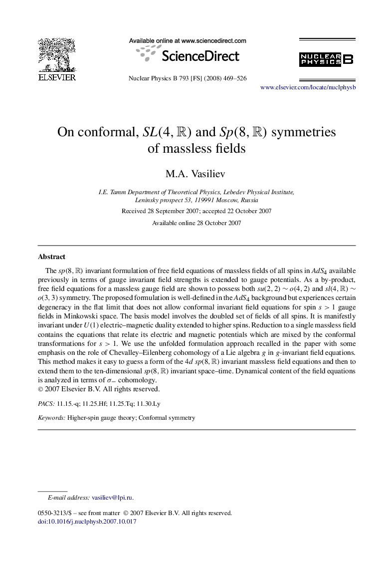 On conformal, SL(4,R) and Sp(8,R) symmetries of massless fields