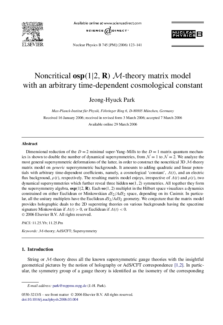 Noncritical osp(1|2,R)M-theory matrix model with an arbitrary time-dependent cosmological constant