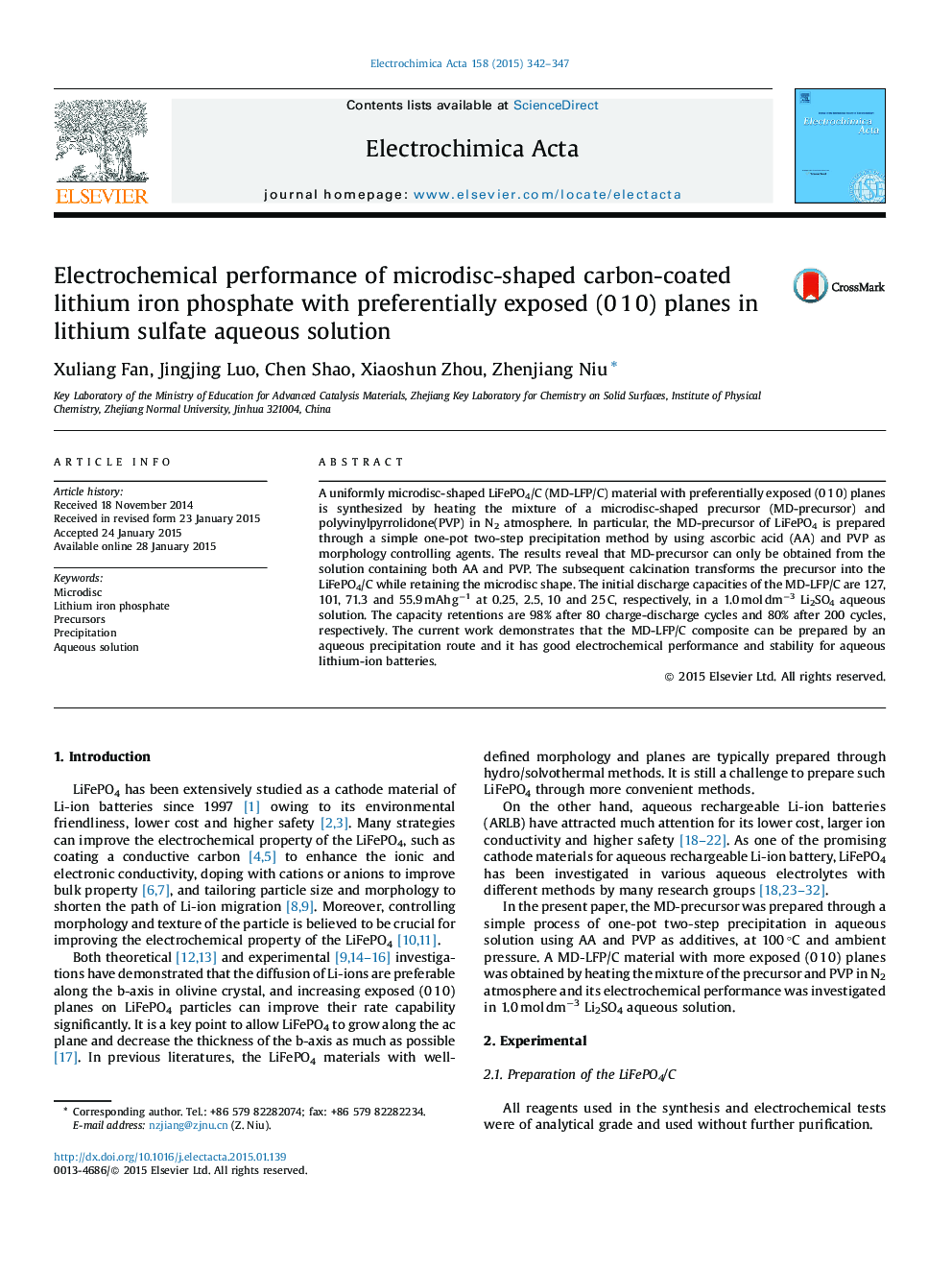 عکس صفحه اول مقاله: Electrochemical performance of microdisc-shaped carbon-coated lithium iron phosphate with preferentially exposed (0 1 0) planes in lithium sulfate aqueous solution Electrochemical performance of microdisc-shaped carbon-coated lithium iron phosphate with preferentially exposed (0 1 0) planes in lithium sulfate aqueous solution