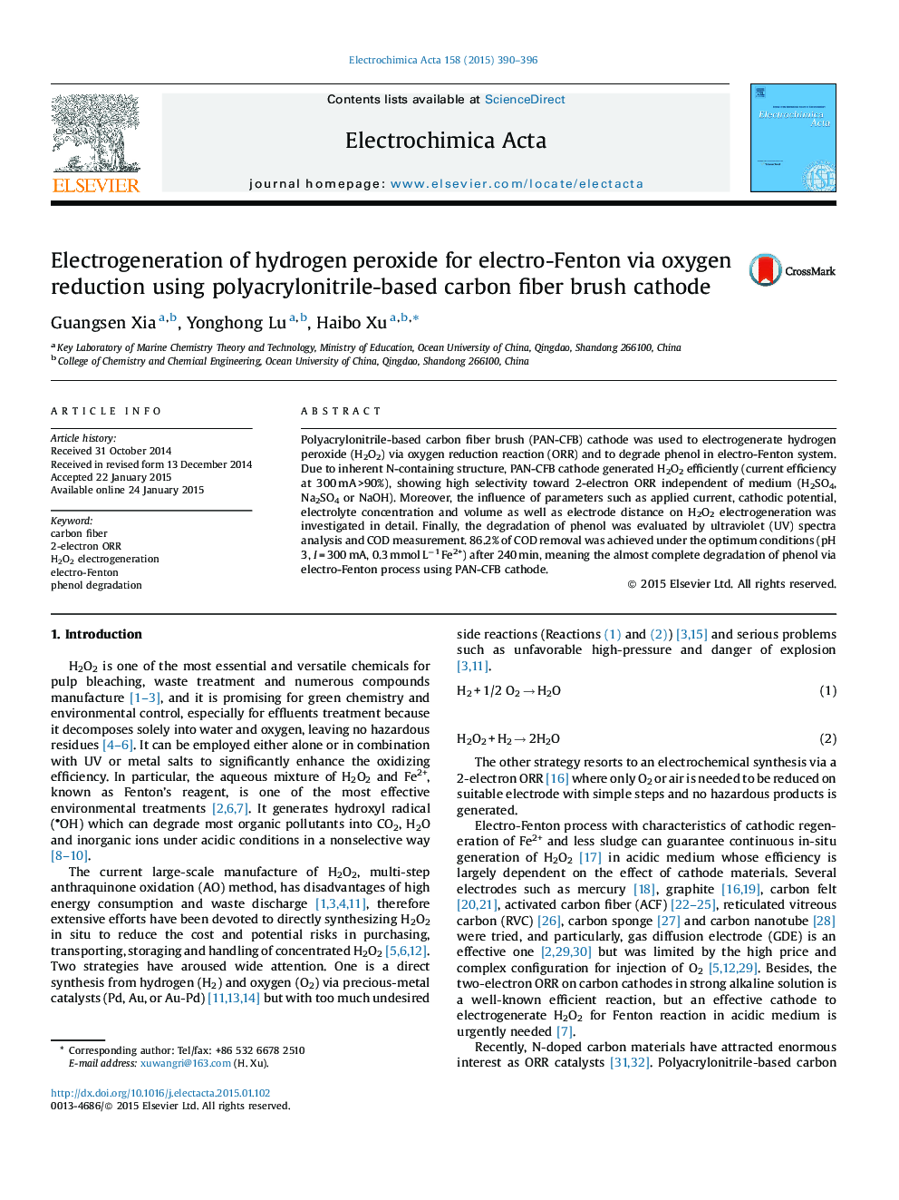 Electrogeneration of hydrogen peroxide for electro-Fenton via oxygen reduction using polyacrylonitrile-based carbon fiber brush cathode