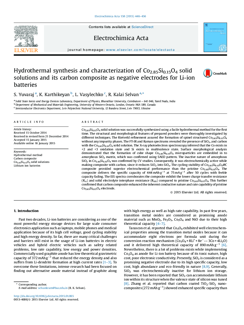 Hydrothermal synthesis and characterization of Co2.85Si0.15O4 solid solutions and its carbon composite as negative electrodes for Li-ion batteries