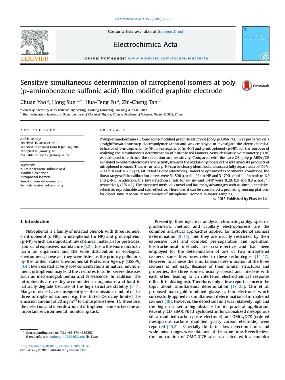 Sensitive simultaneous determination of nitrophenol isomers at poly(p-aminobenzene sulfonic acid) film modified graphite electrode