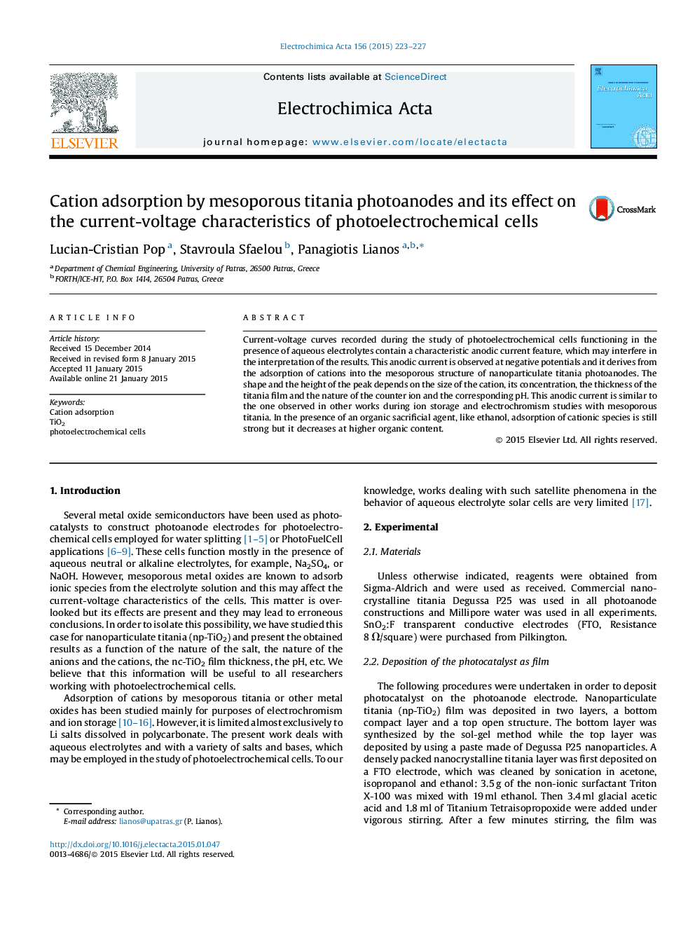 Cation adsorption by mesoporous titania photoanodes and its effect on the current-voltage characteristics of photoelectrochemical cells