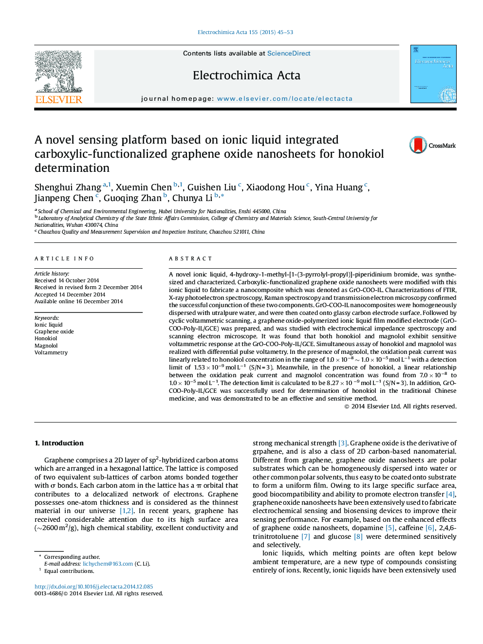 A novel sensing platform based on ionic liquid integrated carboxylic-functionalized graphene oxide nanosheets for honokiol determination