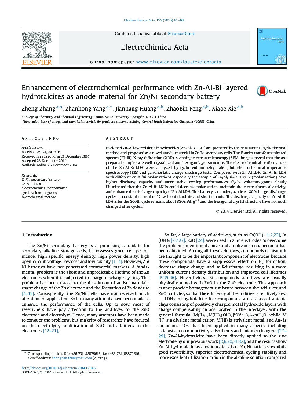 Enhancement of electrochemical performance with Zn-Al-Bi layered hydrotalcites as anode material for Zn/Ni secondary battery