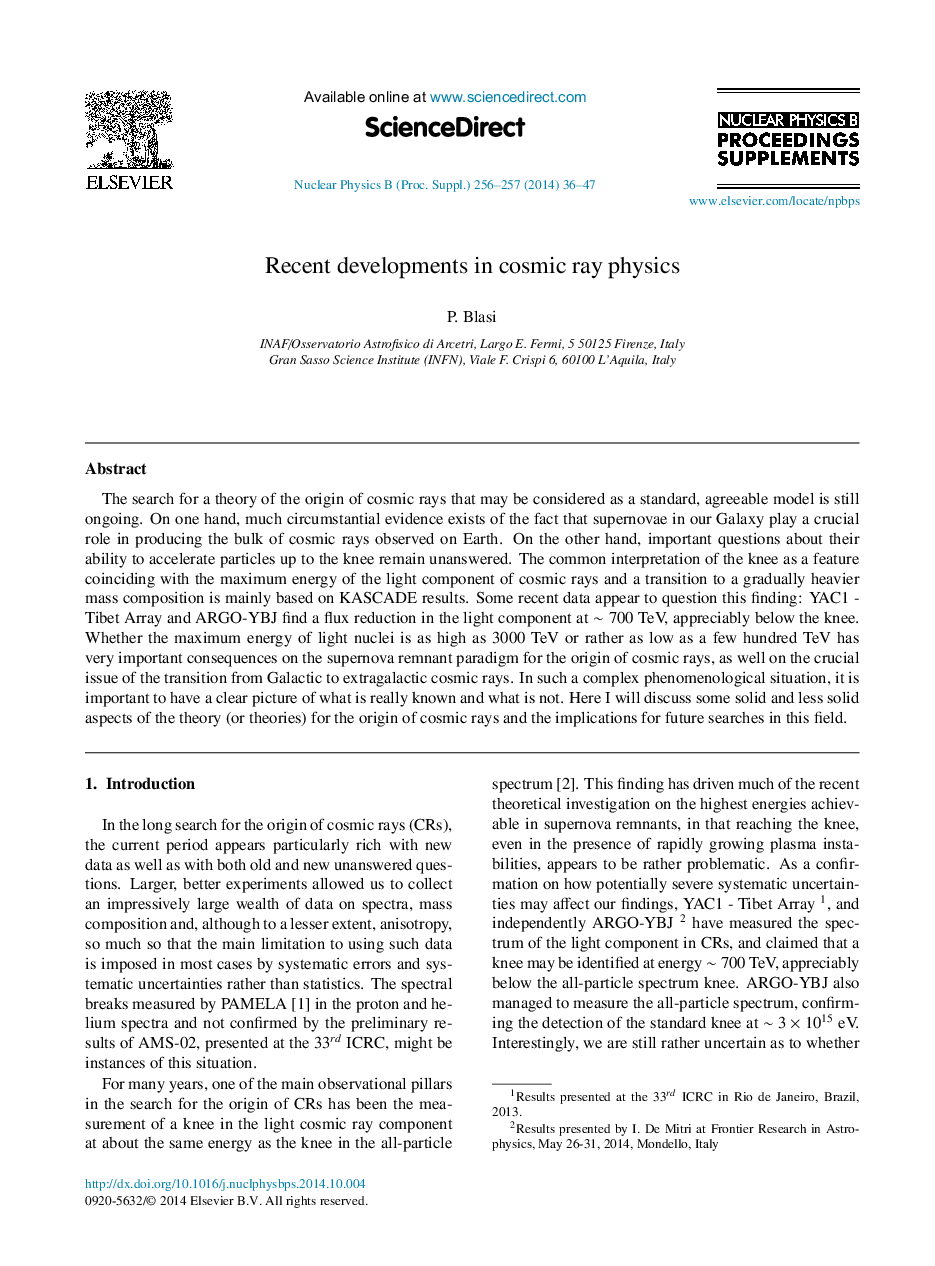 Recent developments in cosmic ray physics