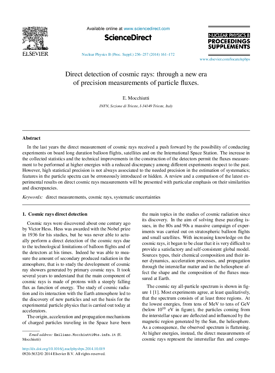 Direct detection of cosmic rays: through a new era of precision measurements of particle fluxes