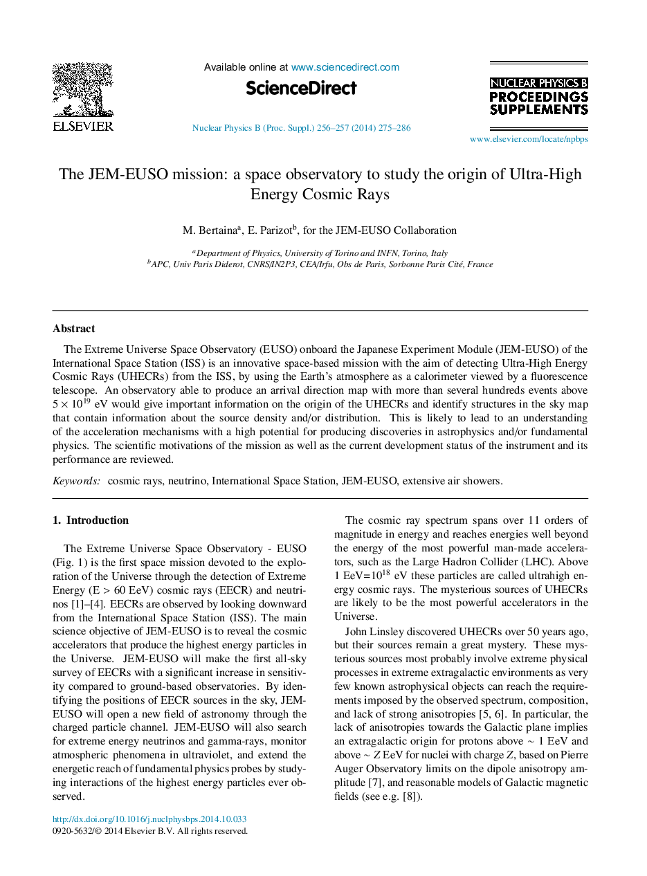 The JEM-EUSO mission: a space observatory to study the origin of Ultra-High Energy Cosmic Rays