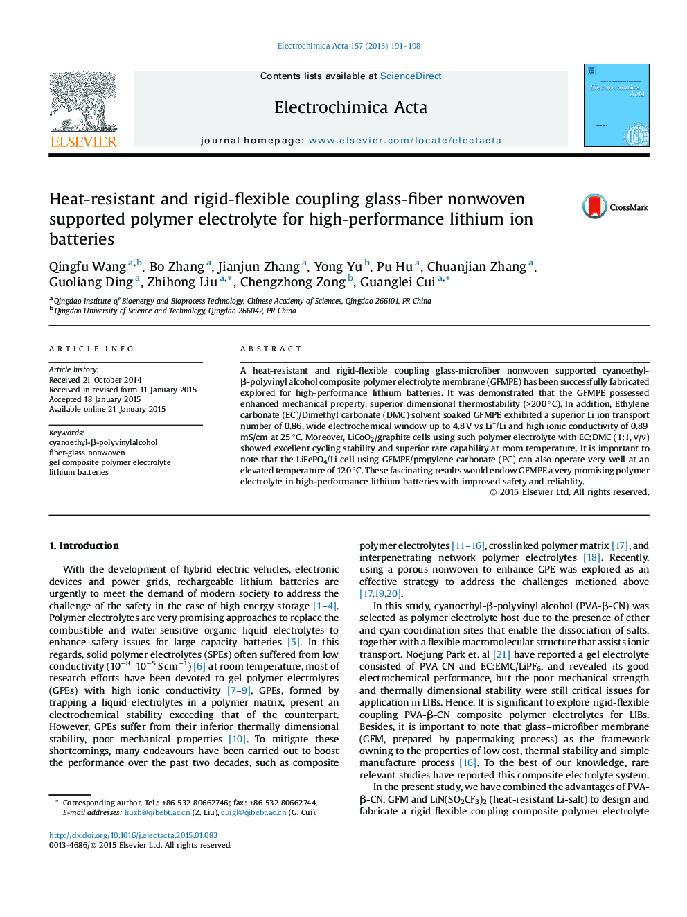 Heat-resistant and rigid-flexible coupling glass-fiber nonwoven supported polymer electrolyte for high-performance lithium ion batteries