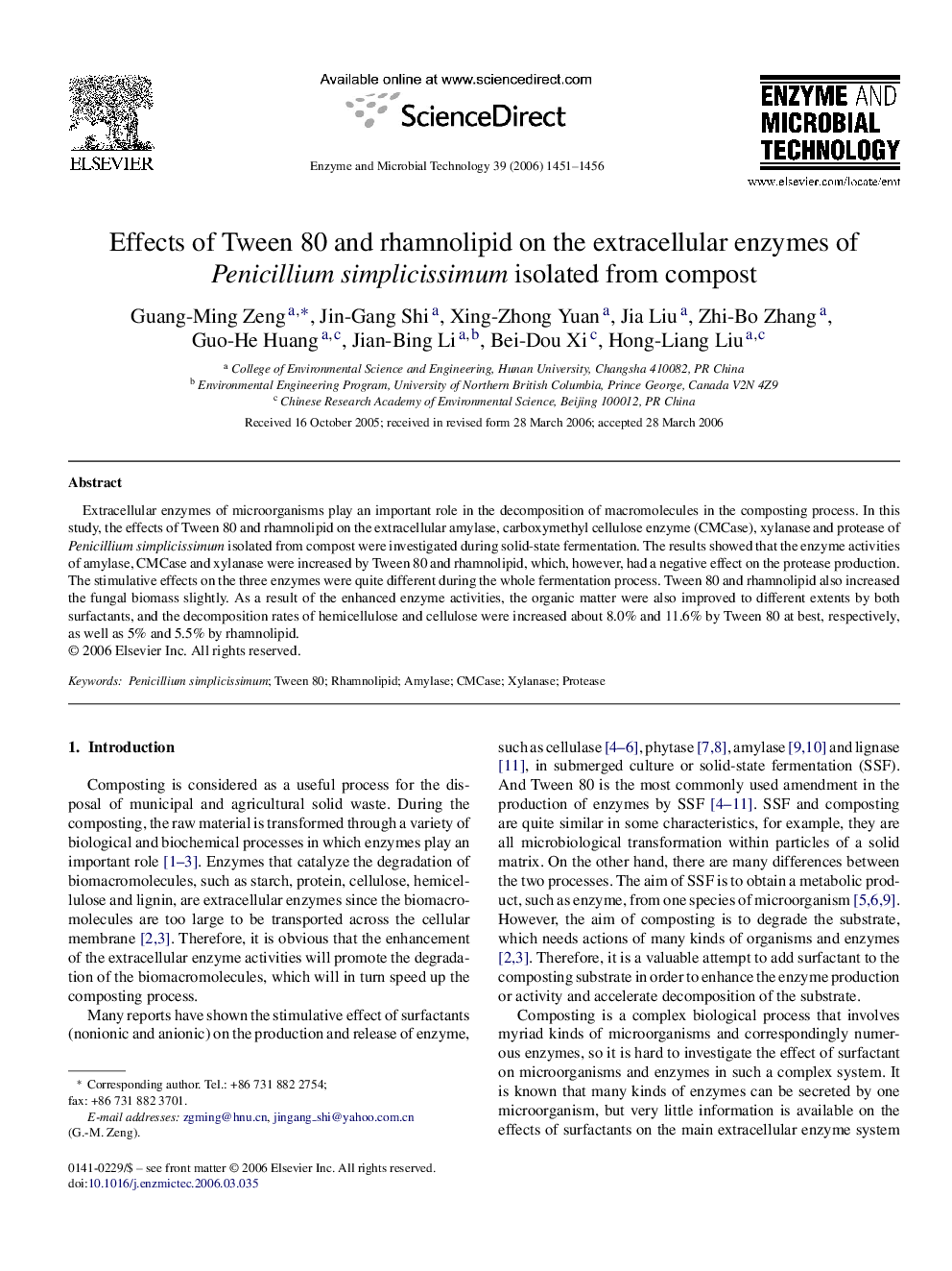 Effects of Tween 80 and rhamnolipid on the extracellular enzymes of Penicillium simplicissimum isolated from compost