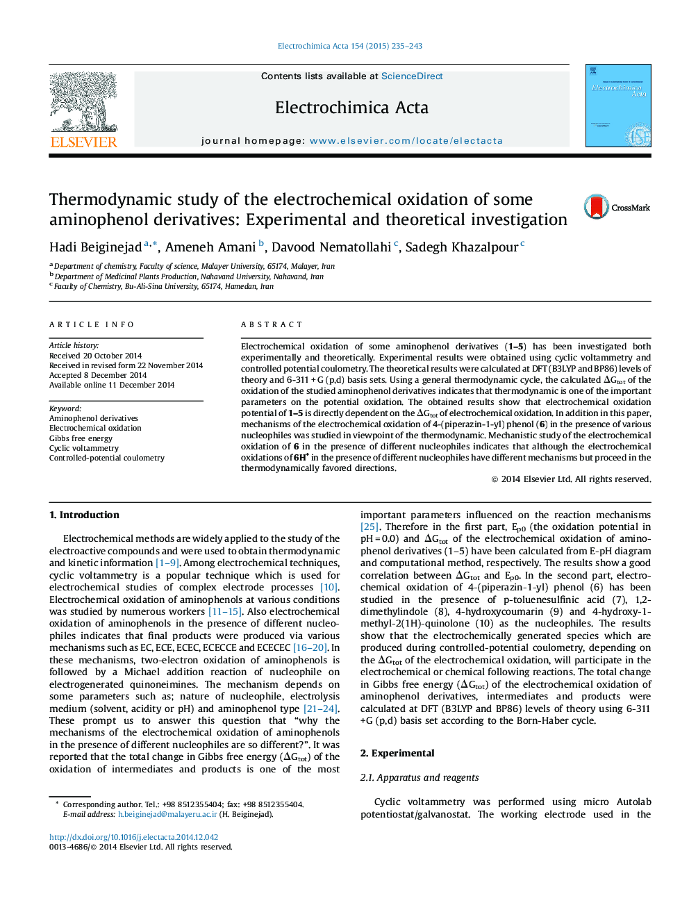 Thermodynamic study of the electrochemical oxidation of some aminophenol derivatives: Experimental and theoretical investigation