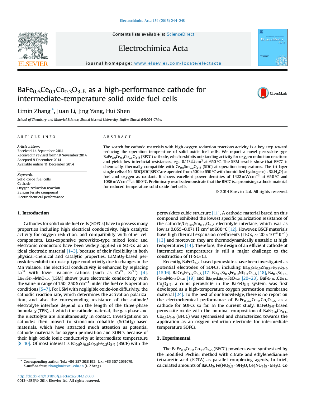 BaFe0.6Ce0.1Co0.3O3-δ as a high-performance cathode for intermediate-temperature solid oxide fuel cells