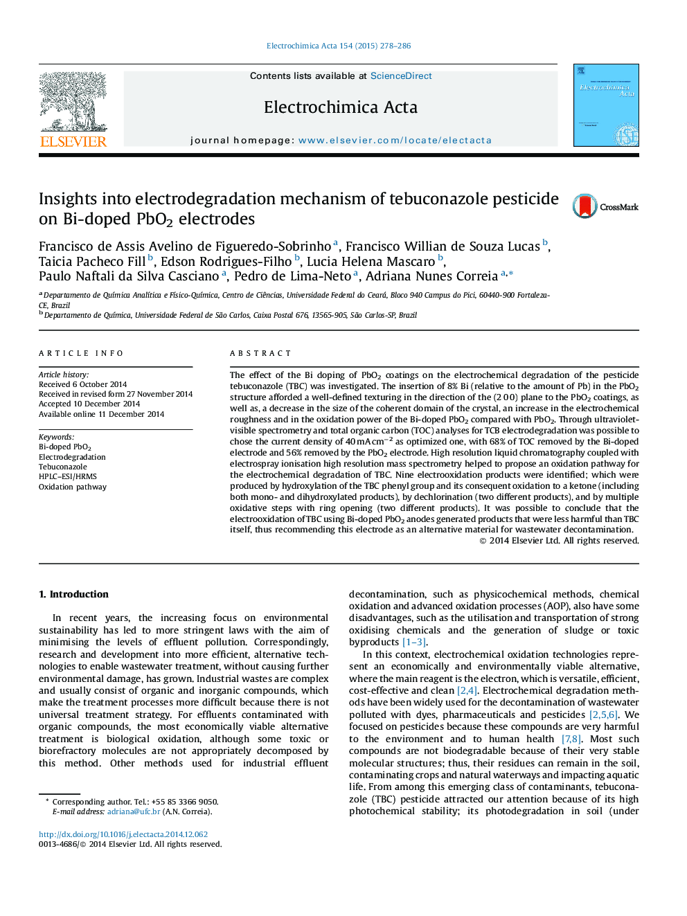 Insights into electrodegradation mechanism of tebuconazole pesticide on Bi-doped PbO2 electrodes