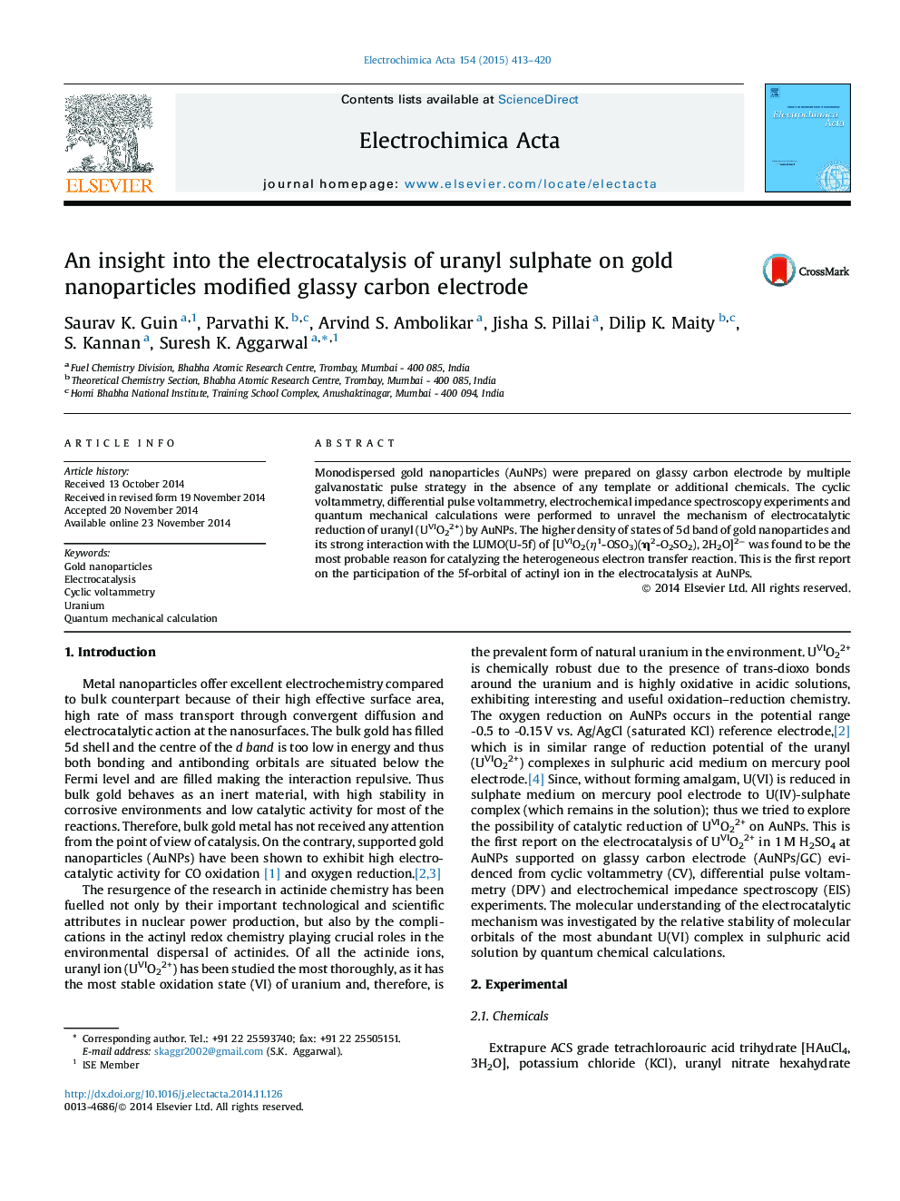 An insight into the electrocatalysis of uranyl sulphate on gold nanoparticles modified glassy carbon electrode