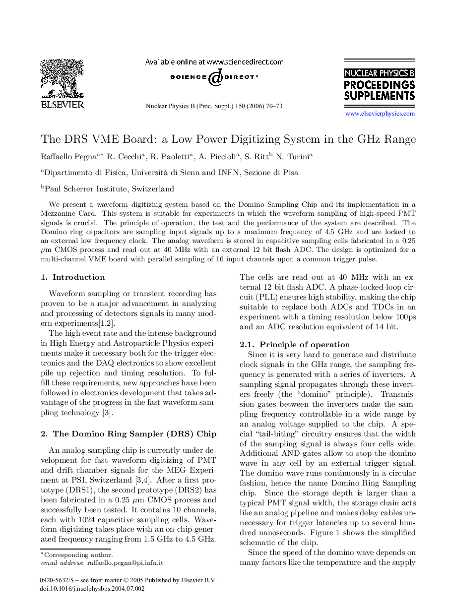 The DRS VME Board: a Low Power Digitizing System in the GHz Range