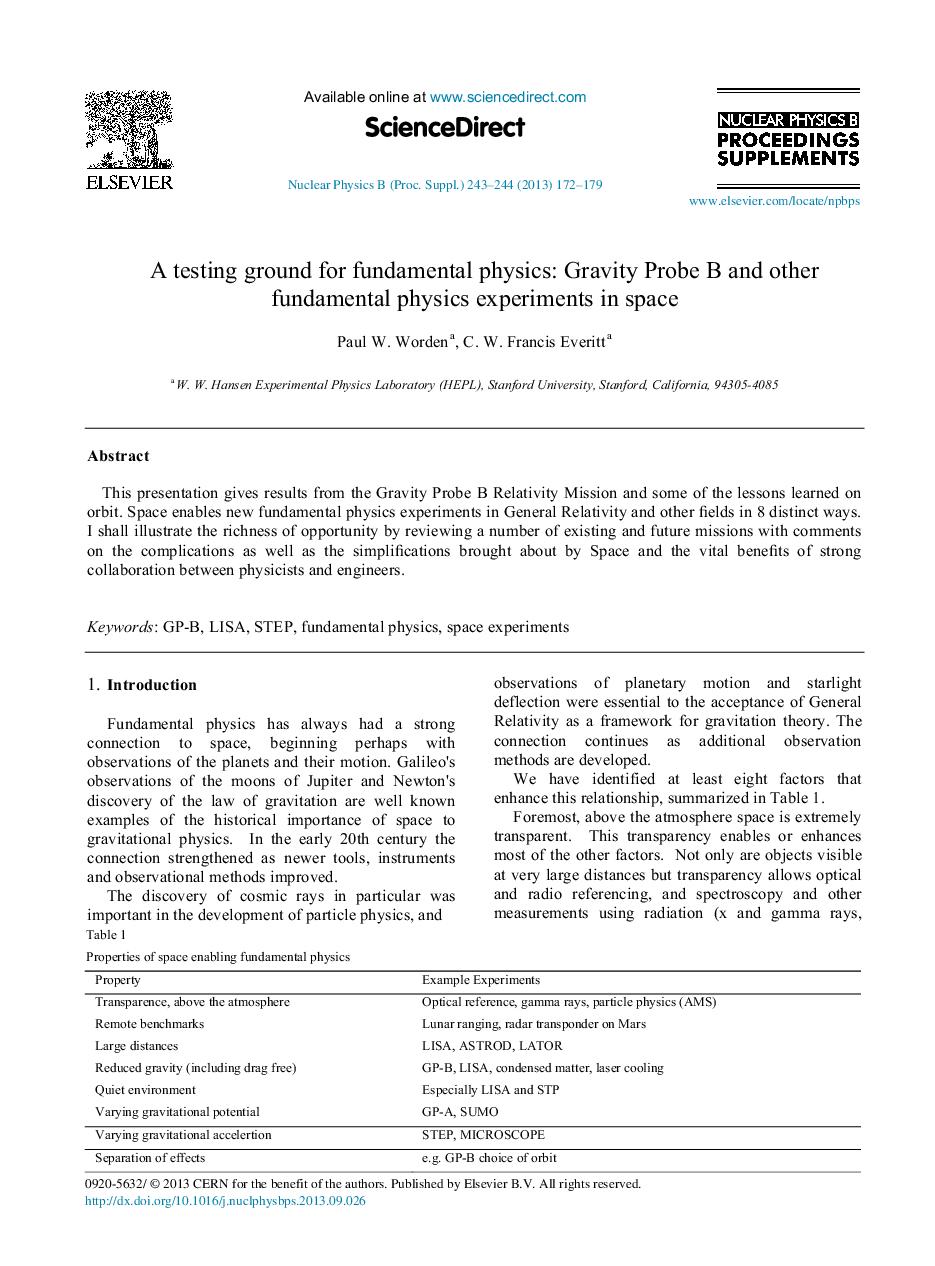 A testing ground for fundamental physics: Gravity Probe B and other fundamental physics experiments in space