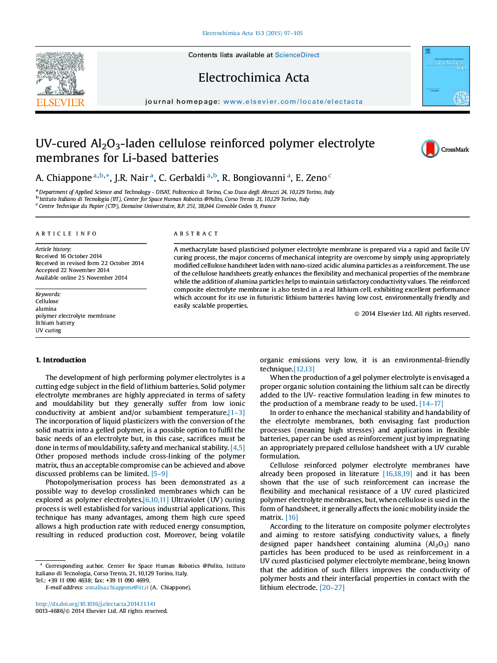 UV-cured Al2O3-laden cellulose reinforced polymer electrolyte membranes for Li-based batteries