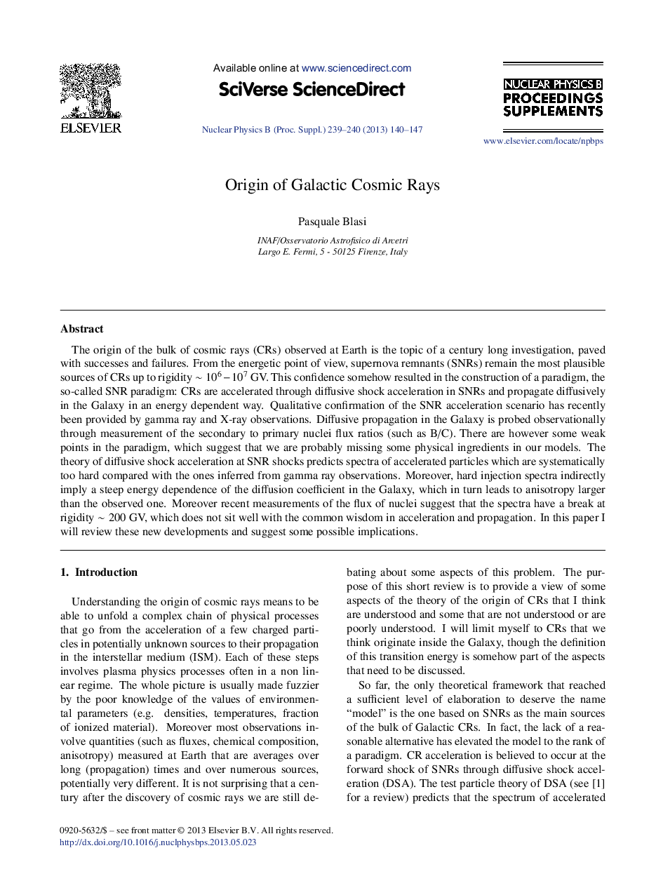 Origin of Galactic Cosmic Rays