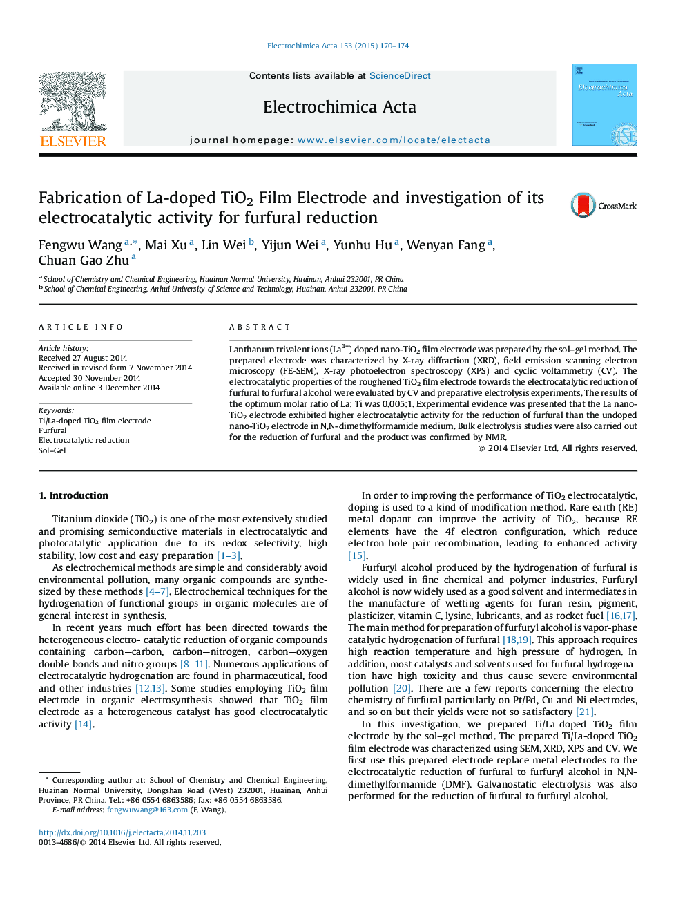 Fabrication of La-doped TiO2 Film Electrode and investigation of its electrocatalytic activity for furfural reduction
