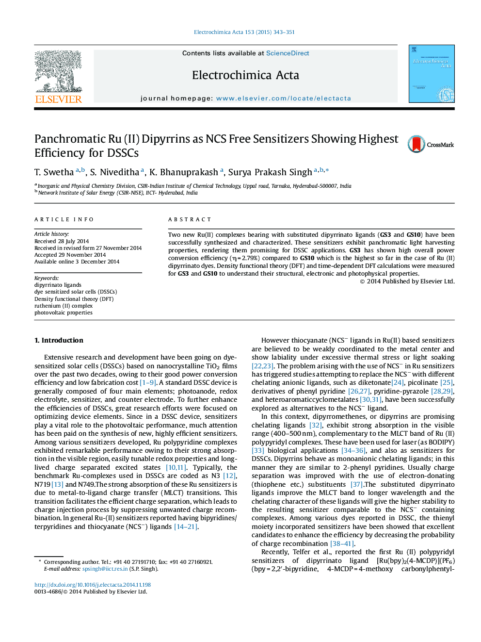 Panchromatic Ru (II) Dipyrrins as NCS Free Sensitizers Showing Highest Efficiency for DSSCs