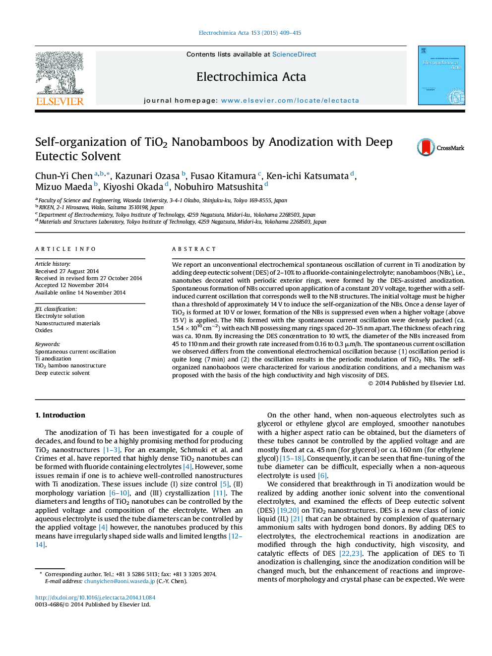 Self-organization of TiO2 Nanobamboos by Anodization with Deep Eutectic Solvent