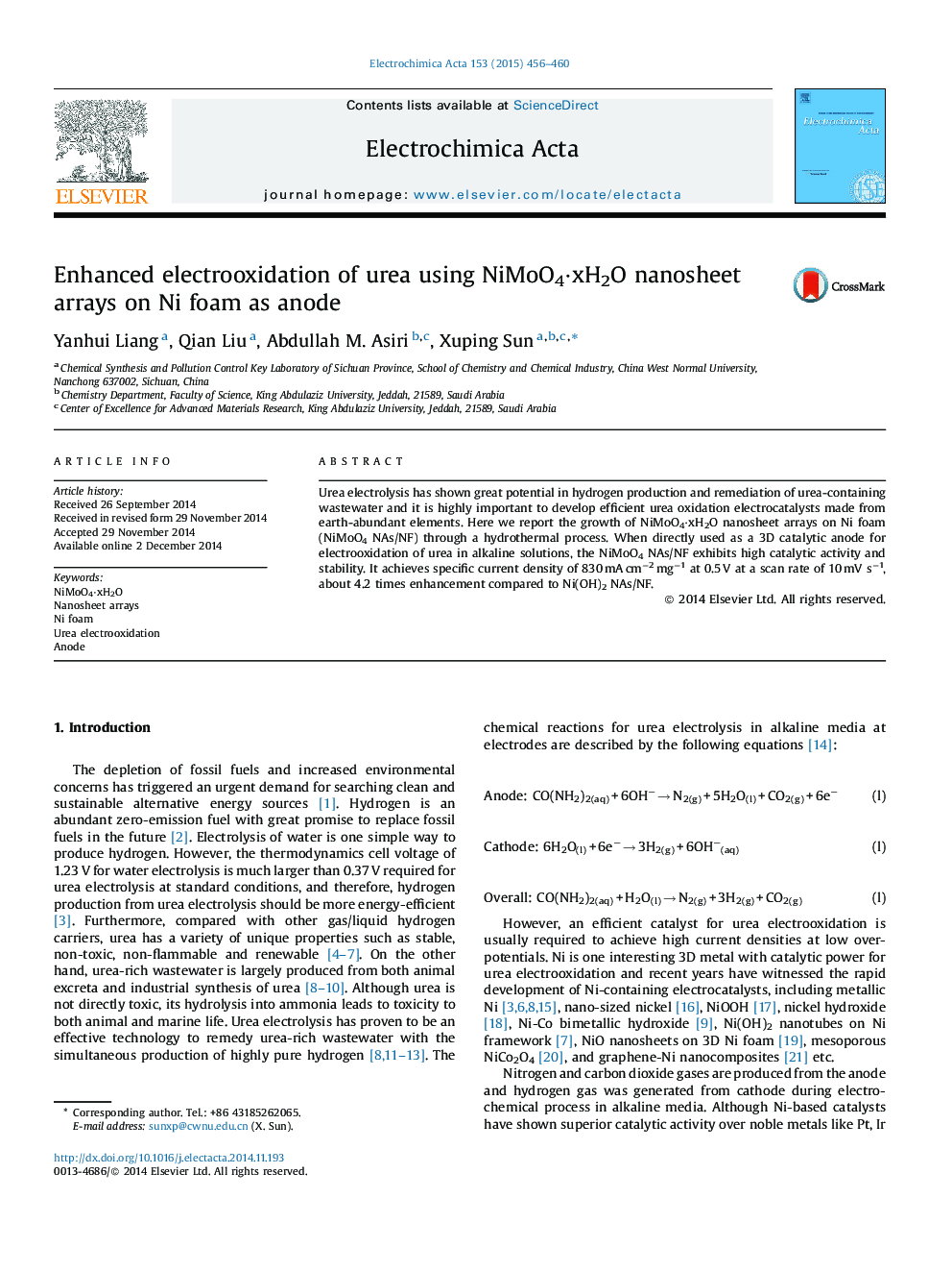 Enhanced electrooxidation of urea using NiMoO4·xH2O nanosheet arrays on Ni foam as anode