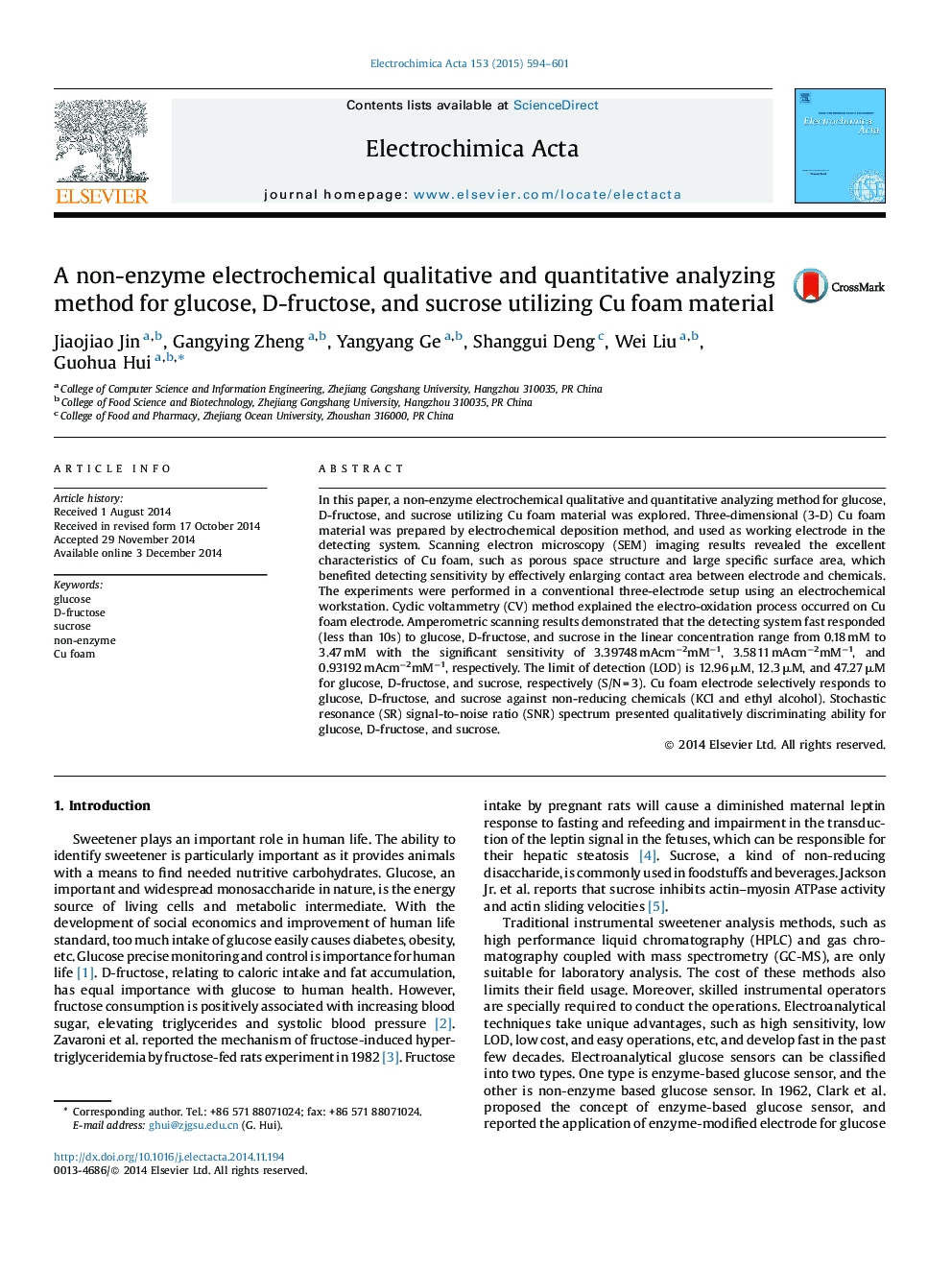 A non-enzyme electrochemical qualitative and quantitative analyzing method for glucose, D-fructose, and sucrose utilizing Cu foam material