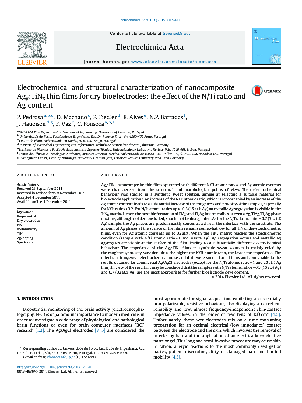 Electrochemical and structural characterization of nanocomposite Agy:TiNx thin films for dry bioelectrodes: the effect of the N/Ti ratio and Ag content